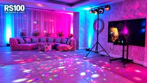 Colour around the room. Party effects on the dance floor. Two types of lighting work together to give your home a party atmosphere.